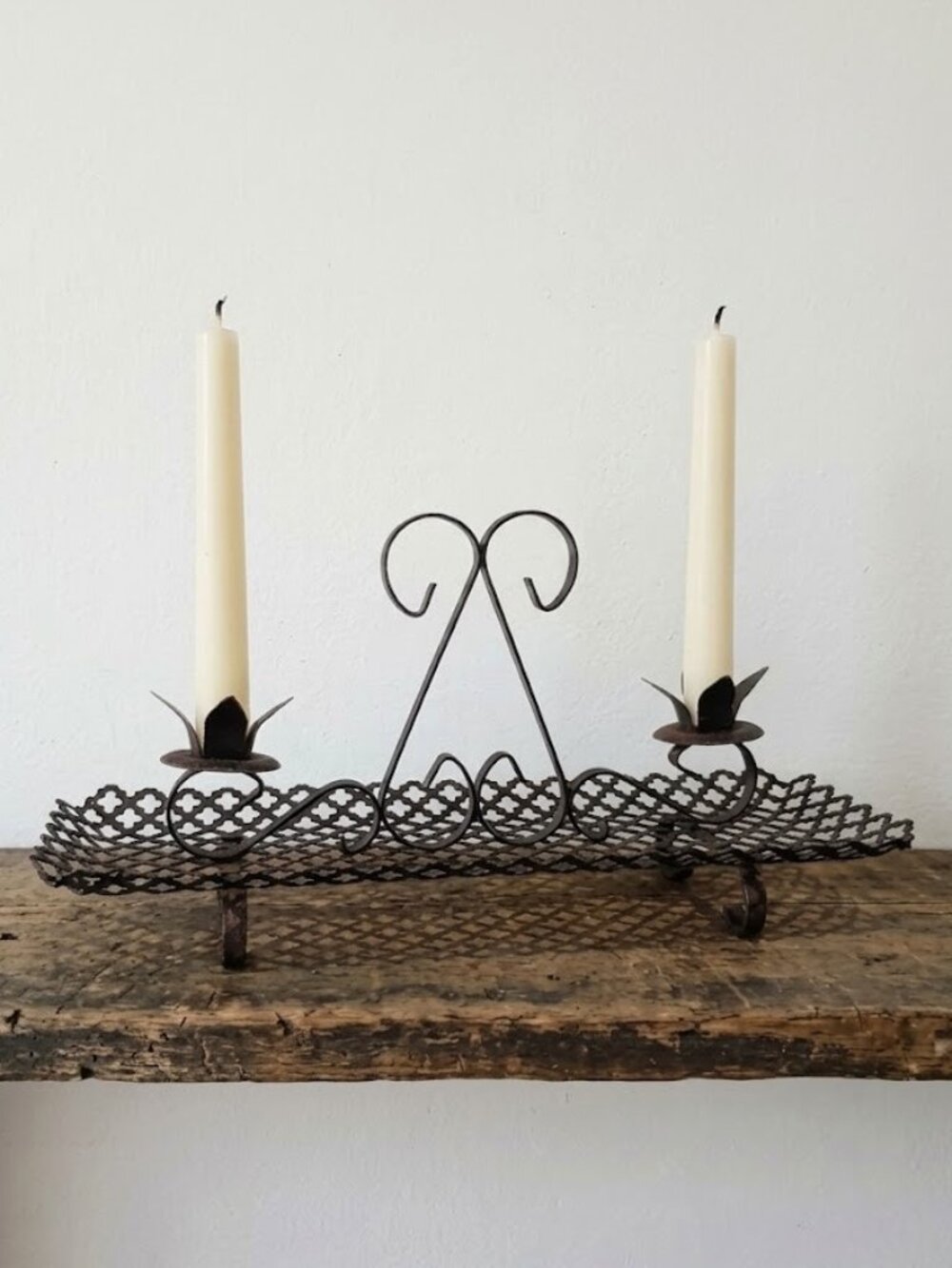 Vintage Wrought Iron Candlestick Holder Black Metal Mesh Centerpiece Tray MCM